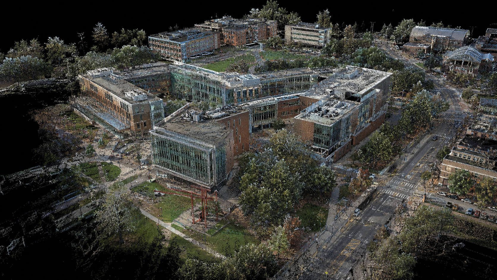 Aerial LiDAR point cloud scan documenting a building and its surrounding site